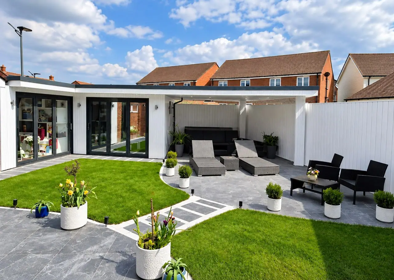 Finished garden landscape with paving, lawn and contemporary outbuilding