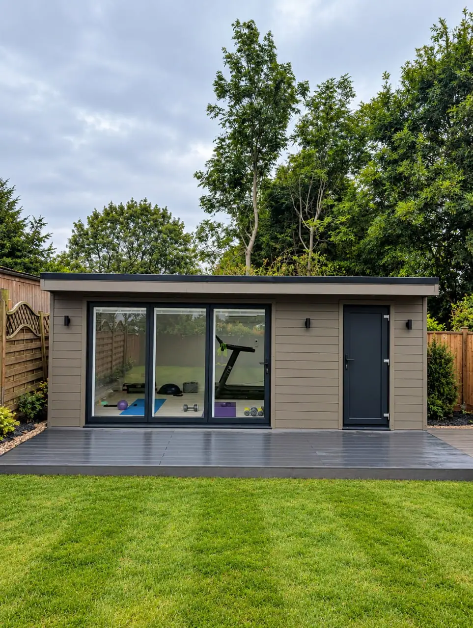 Completed garden gym with glazing, side storage and composite decking in Worcester Park